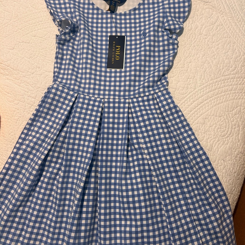 Polo by Ralph Lauren Light Blue and White Gingham Pleated Kids Dress